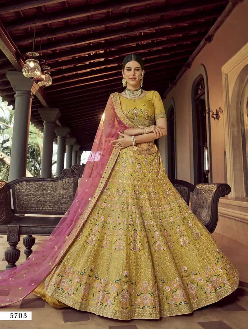 Mustard zari and resham embroidered organza semi stitched wedding lehenga