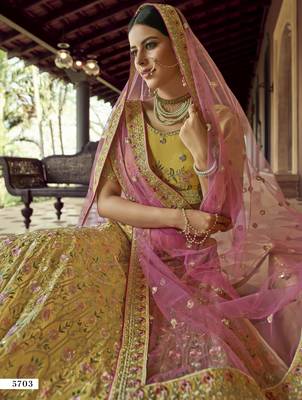 Mustard zari and resham embroidered organza Semi Stitched wedding Lehenga 2