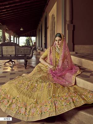 Mustard zari and resham embroidered organza Semi Stitched wedding Lehenga 3