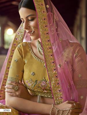Mustard zari and resham embroidered organza Semi Stitched wedding Lehenga 4
