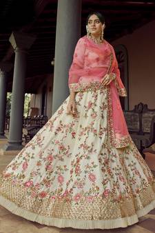 Off-white resham and sequins embroidered georgette semi stitched bridal lehenga
