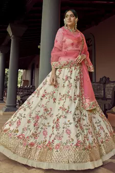 Off-white resham and sequins embroidered georgette semi stitched bridal lehenga