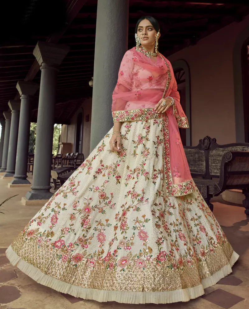 Off-white resham and sequins embroidered georgette semi stitched bridal lehenga