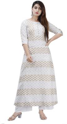 white  Women's offwhite gold printed kurta and palazzo  set 1
