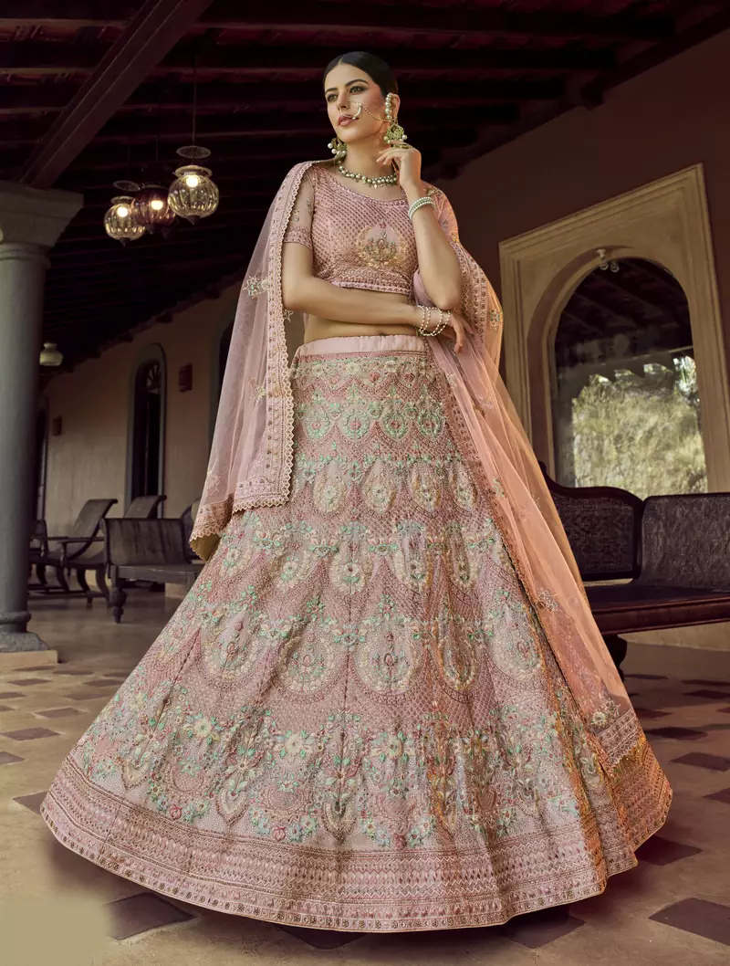 Peach Sequins zari and resham embroidered georgette semi stitched wedding lehenga