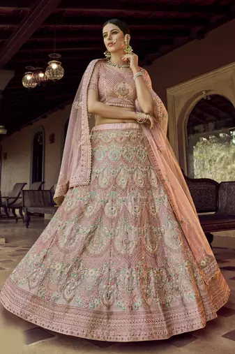 Peach Sequins zari and resham embroidered georgette semi stitched wedding lehenga
