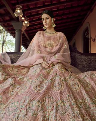 Peach Sequins zari and resham embroidered georgette Semi Stitched wedding Lehenga 2