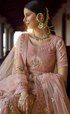 Peach Sequins zari and resham embroidered georgette Semi Stitched wedding Lehenga 3