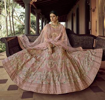 Peach Sequins zari and resham embroidered georgette Semi Stitched wedding Lehenga 4