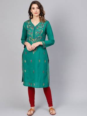 Green embroidered cotton cotton-kurtis 1