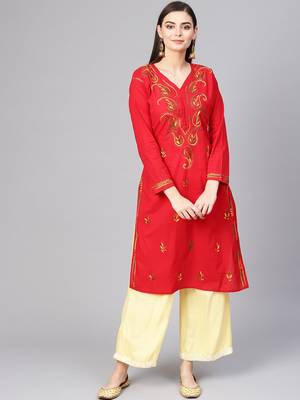 Red embroidered cotton cotton-kurtis 1