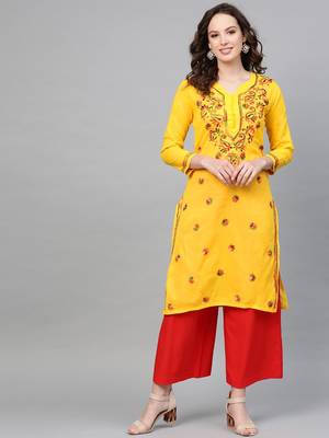 Yellow embroidered cotton kurtis 1