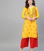 Yellow embroidered cotton kurtis