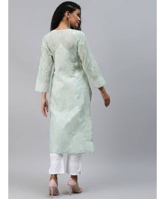 Ada Hand Embroidered Grey Cotton Lucknowi Chikan Women Kurta - A240295 2