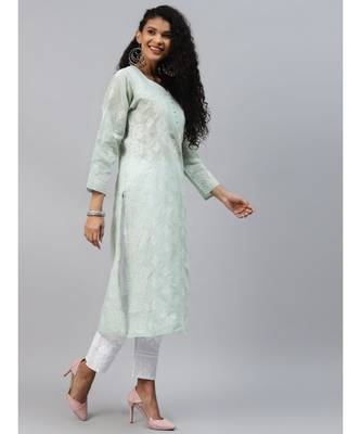 Ada Hand Embroidered Grey Cotton Lucknowi Chikan Women Kurta - A240295 3