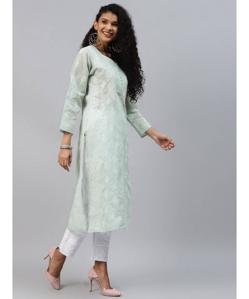 Ada Hand Embroidered Grey Cotton Lucknowi Chikan Women Kurta - A240295