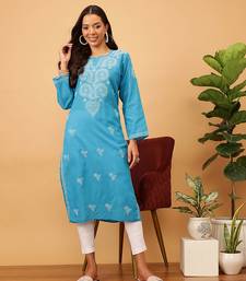 Women'S Hand Embroidered Blue Cotton Lucknowi Chikankari Kurta