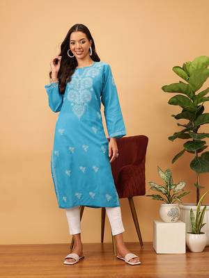 Women'S Hand Embroidered Blue Cotton Lucknowi Chikankari Kurta 2