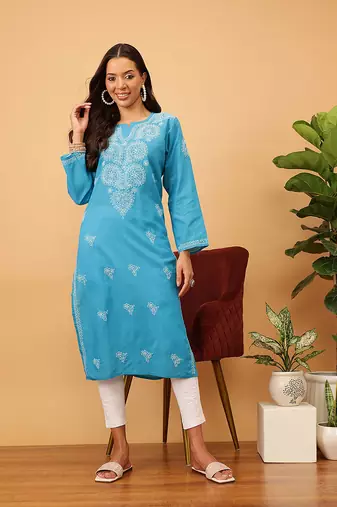 Women'S Hand Embroidered Blue Cotton Lucknowi Chikankari Kurta