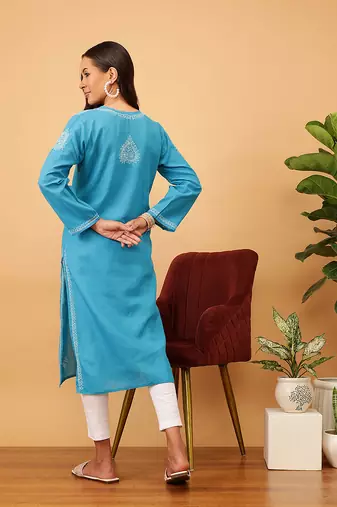 Women'S Hand Embroidered Blue Cotton Lucknowi Chikankari Kurta