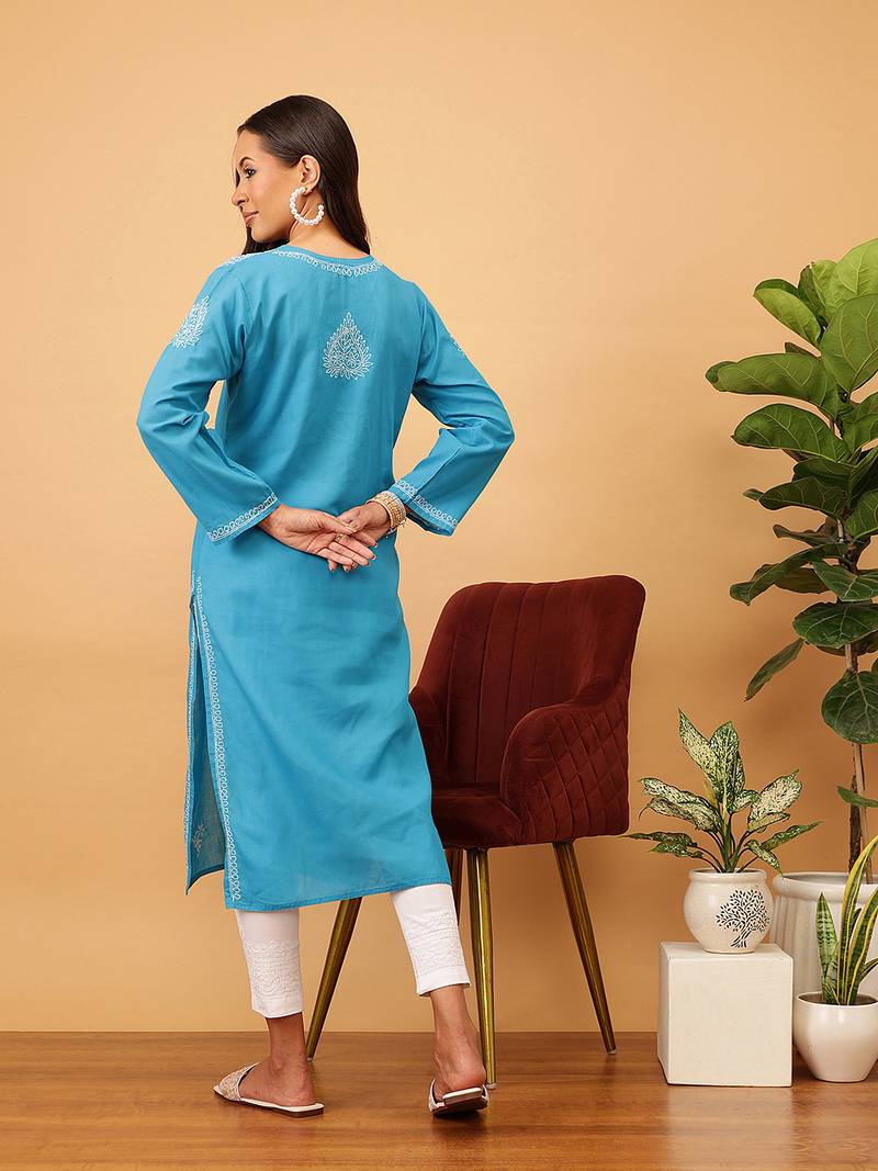 Women'S Hand Embroidered Blue Cotton Lucknowi Chikankari Kurta