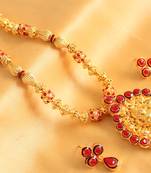 Splendid Goldplated Designer Pink Lakshmi Pendant Necklace With Earrings