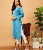 Women'S Hand Embroidered Blue Cotton Lucknowi Chikankari Kurta