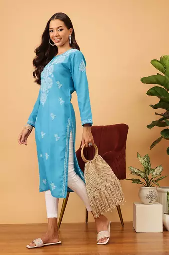 Women'S Hand Embroidered Blue Cotton Lucknowi Chikankari Kurta