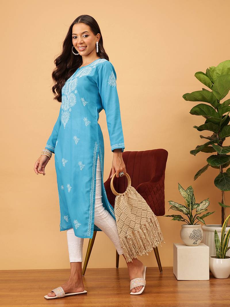 Women'S Hand Embroidered Blue Cotton Lucknowi Chikankari Kurta
