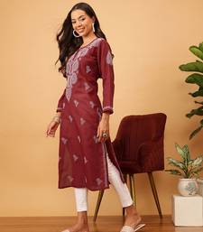 Hand Embroidered Maroon Cotton Lucknowi Chikankari Women Kurta