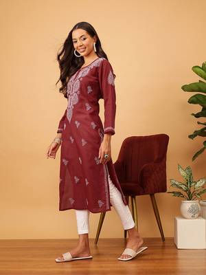 Hand Embroidered Maroon Cotton Lucknowi Chikankari Women Kurta 2