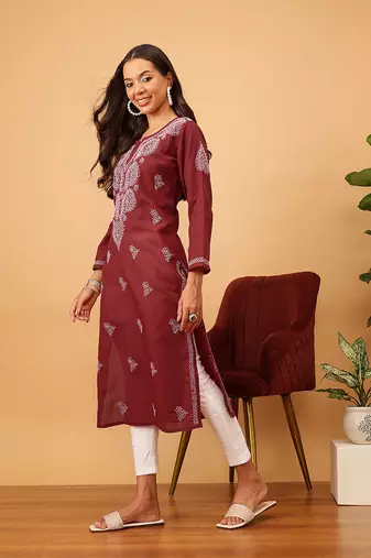 Hand Embroidered Maroon Cotton Lucknowi Chikankari Women Kurta