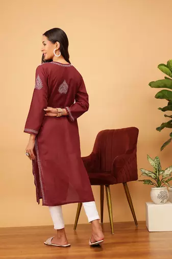 Hand Embroidered Maroon Cotton Lucknowi Chikankari Women Kurta