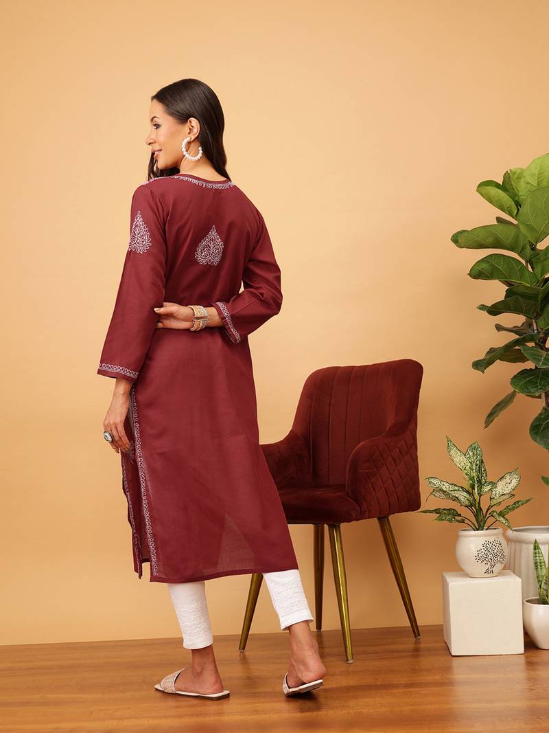 Hand Embroidered Maroon Cotton Lucknowi Chikankari Women Kurta
