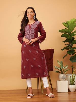 Hand Embroidered Maroon Cotton Lucknowi Chikankari Women Kurta 4