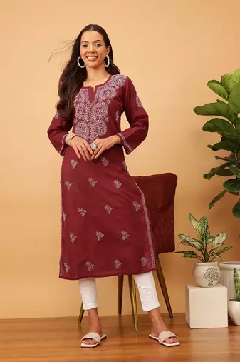 Hand Embroidered Maroon Cotton Lucknowi Chikankari Women Kurta