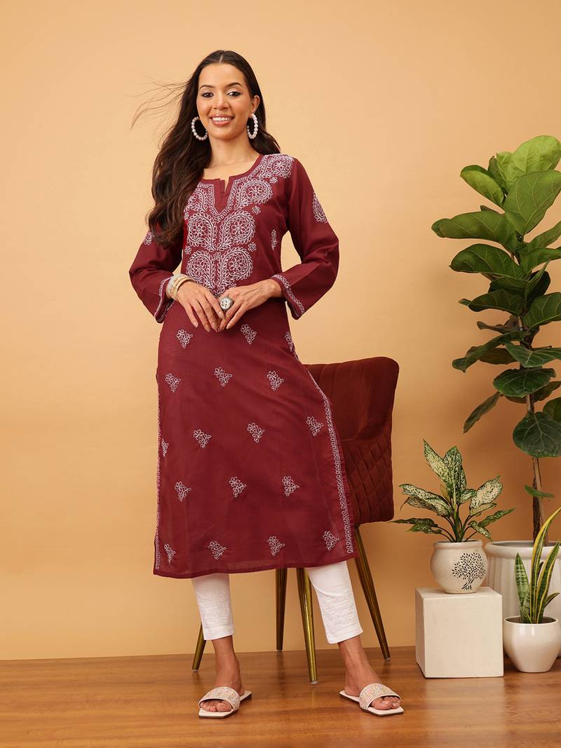 Hand Embroidered Maroon Cotton Lucknowi Chikankari Women Kurta