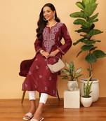 Hand Embroidered Maroon Cotton Lucknowi Chikankari Women Kurta