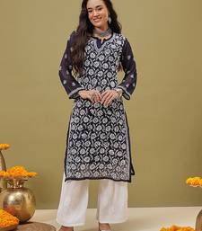 Hand Embroidered Navy Blue Georgette Lucknowi Chikankari Women Kurta With Slip