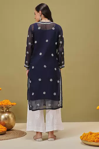 Hand Embroidered Navy Blue Georgette Lucknowi Chikankari Women Kurta With Slip