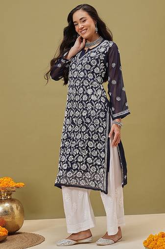 Hand Embroidered Navy Blue Georgette Lucknowi Chikankari Women Kurta With Slip