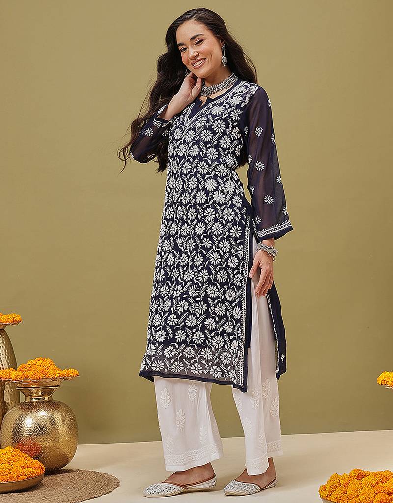 Hand Embroidered Navy Blue Georgette Lucknowi Chikankari Women Kurta With Slip