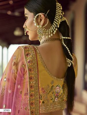 Mustard zari and resham embroidered organza Semi Stitched wedding Lehenga 5