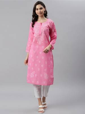 Ada Women's Hand Embroidered Pink Cotton Lucknowi Chikankari Women Kurta - A133537 2
