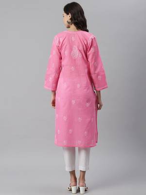 Ada Women's Hand Embroidered Pink Cotton Lucknowi Chikankari Women Kurta - A133537 3