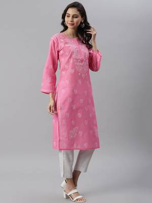 Ada Women's Hand Embroidered Pink Cotton Lucknowi Chikankari Women Kurta - A133537 1