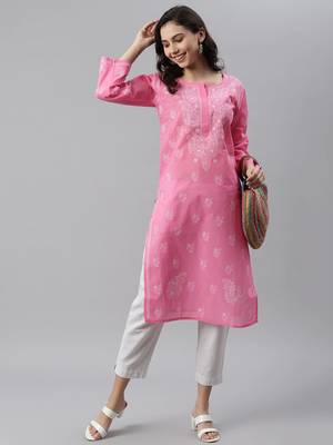 Ada Women's Hand Embroidered Pink Cotton Lucknowi Chikankari Women Kurta - A133537 4
