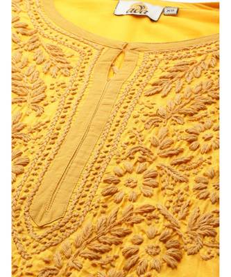 Women'S Hand Embroidered Mustard Cotton Lucknow Chikankari Women Kurta 2
