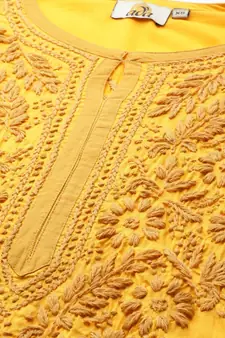 Women'S Hand Embroidered Mustard Cotton Lucknow Chikankari Women Kurta