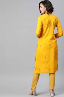 Women'S Hand Embroidered Mustard Cotton Lucknow Chikankari Women Kurta